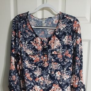 BLUE BLOOMS- XL, PERSEPTION CONCEPT, NAVY BASE, CORAL AND WHITE FLORAL DESIGN